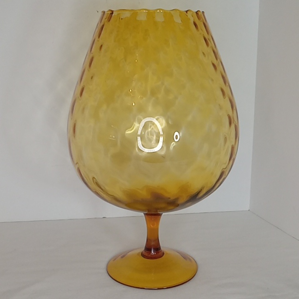 MCM Vintage Ruffled  Large Hand Blown Dimpled Amber Glass  Fishbowl Vase